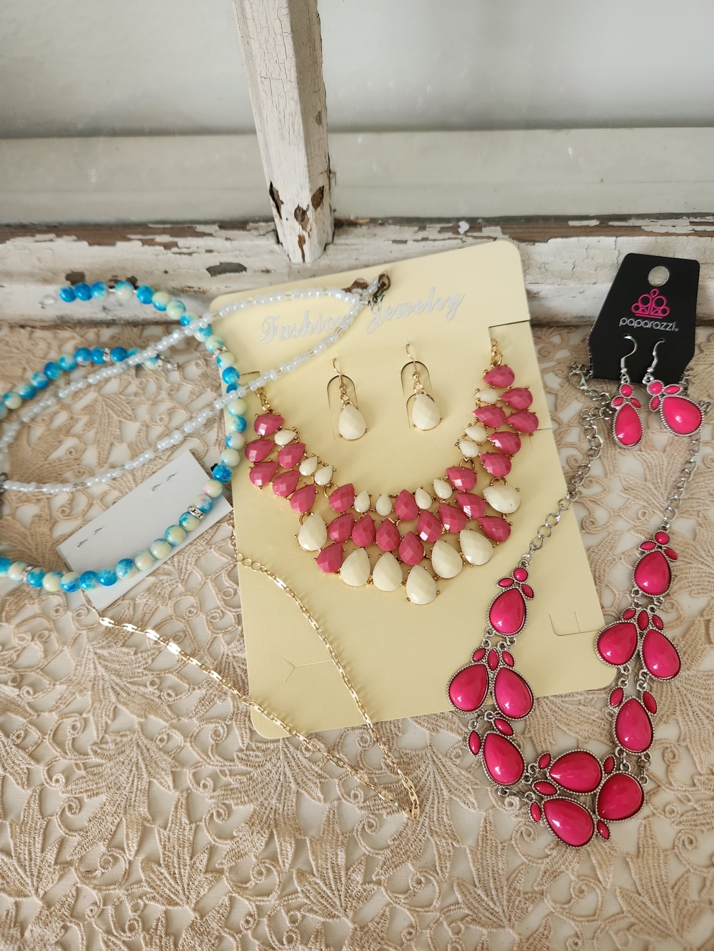 Paparazzi Pink Teardrop Statement Necklace and Earring Set Snd Other Jems